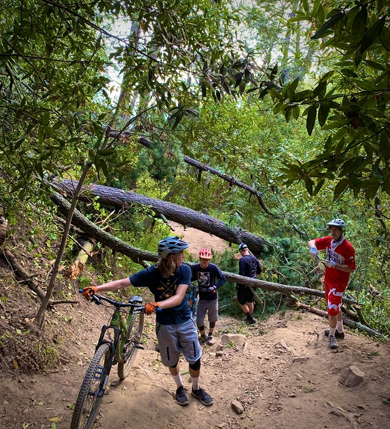 Members of Oakland Bike Patrol educating mountain bikers on responsible trail etiquette while removing a downed tree.