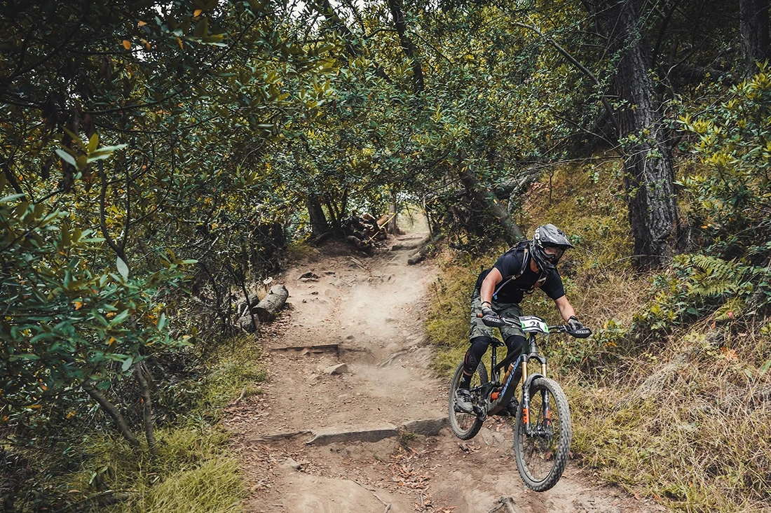 Conner Wygaerts, Joaquin Miller Park Enduro Expert Men winner, racing down Stage 2: Chaparall Trail.