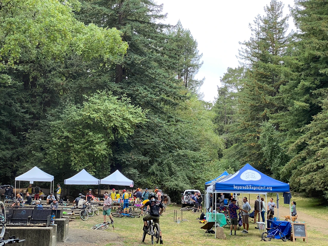 Joaquin Miller Park Enduro racer gathering at the race staging area early in the morning of the event.